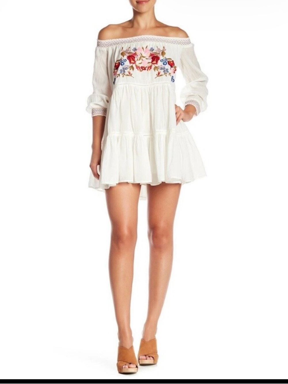 Free People White One-Shoulder Embroidered Mini Dress
